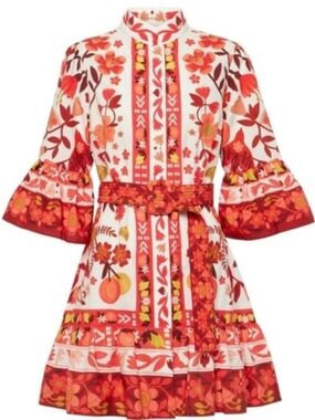 Floral Red-Orange Belted Mini Dress